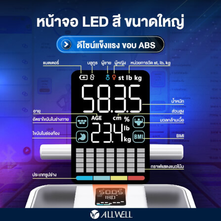 เครื่องชั่งน้ำหนักวัดมวลกาย ALLWELL รุ่น BODYA-PRO 8 อิเล็กโทรด วัดได้ 31 ค่า เชื่อมต่อแอปพลิเคชันได้ สีดำ_4